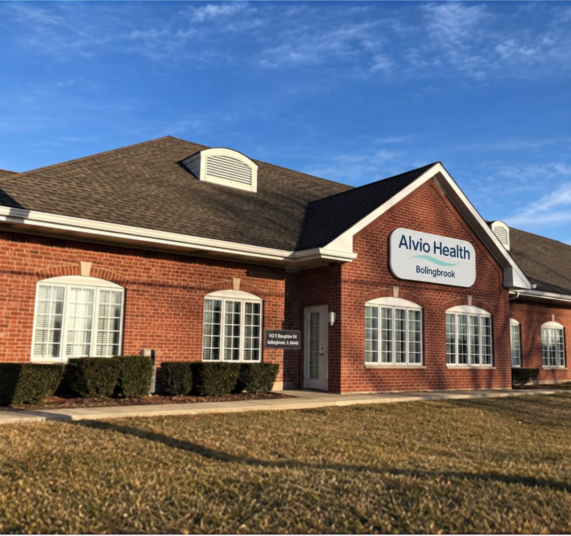 The Alvio Health Bolingbrook building on Boughton Road, with its entrance and oval sign